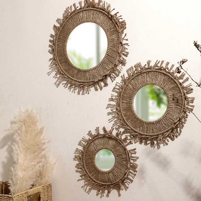 Bohemian Handmade Curry Cotton Rope Weave Round Wall Mirror